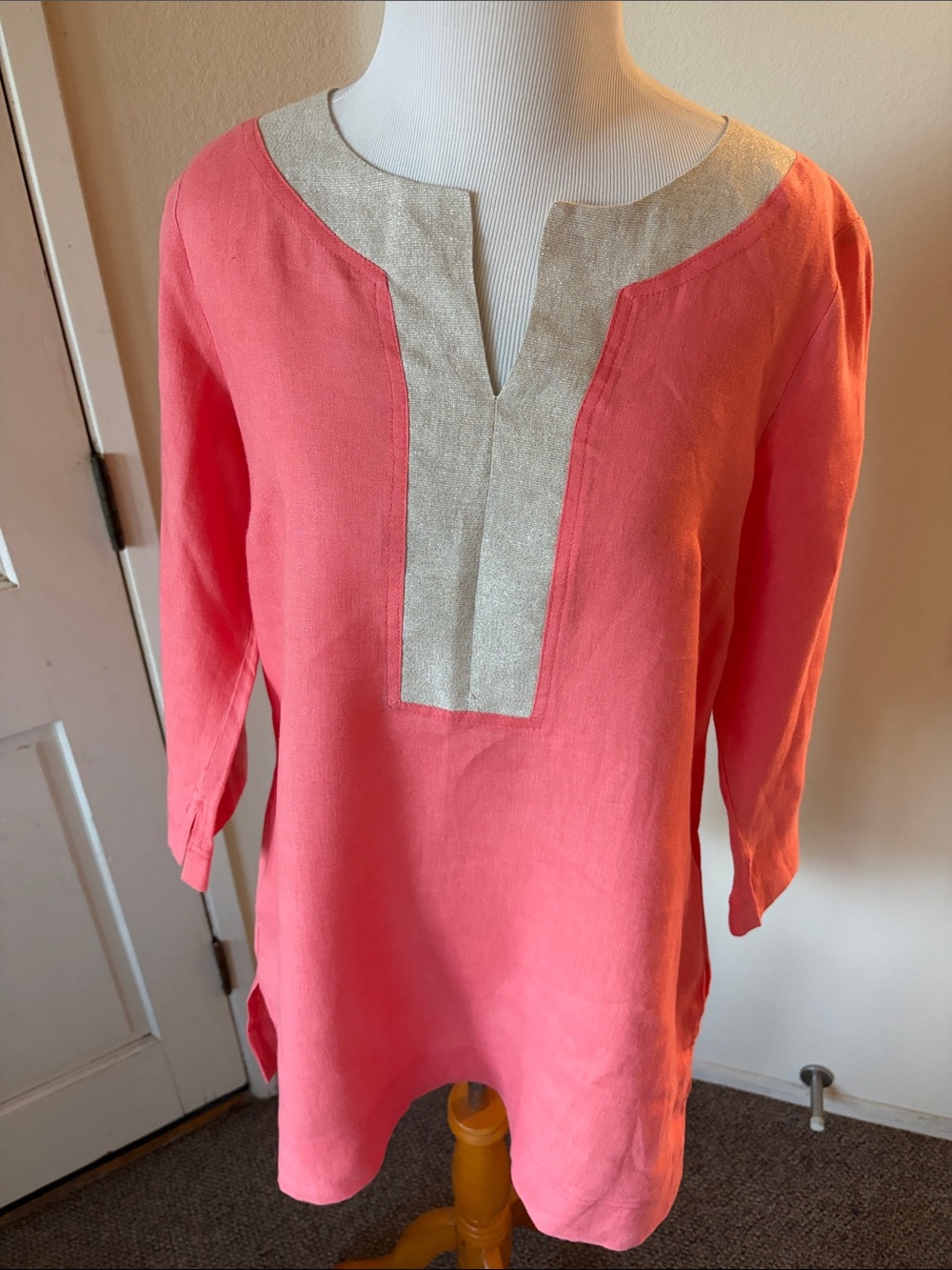 I Linen Coral Tunic Top with Metallic Trim - Women's